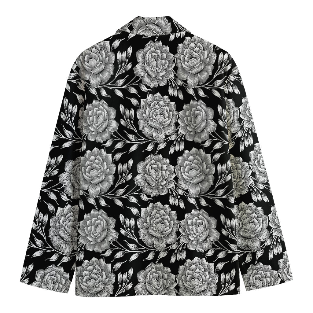 Vintage Black And White Floral Print Men's Cotton Blazer