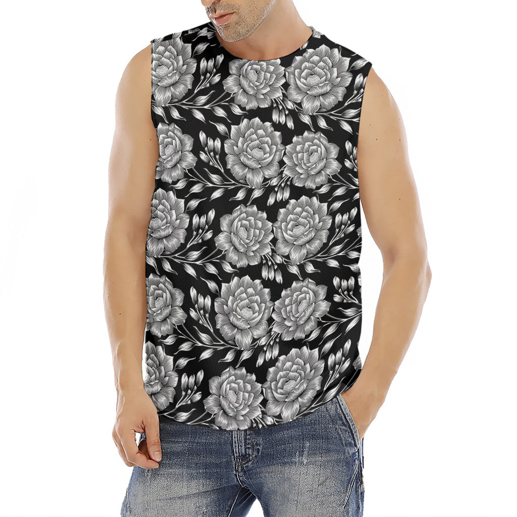 Vintage Black And White Floral Print Men's Fitness Tank Top