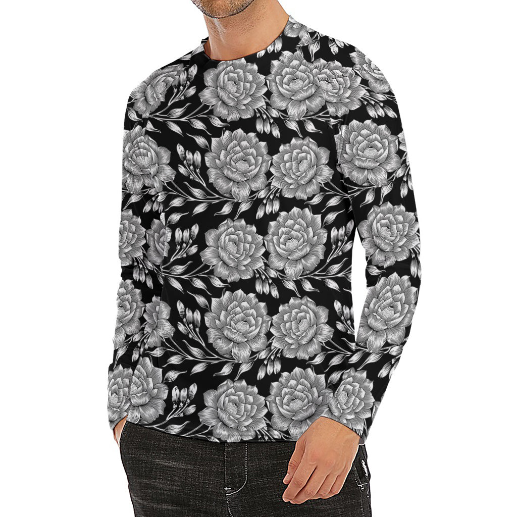 Vintage Black And White Floral Print Men's Long Sleeve Rash Guard