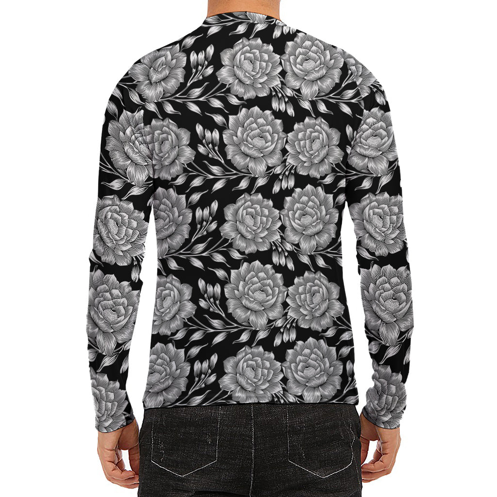 Vintage Black And White Floral Print Men's Long Sleeve Rash Guard