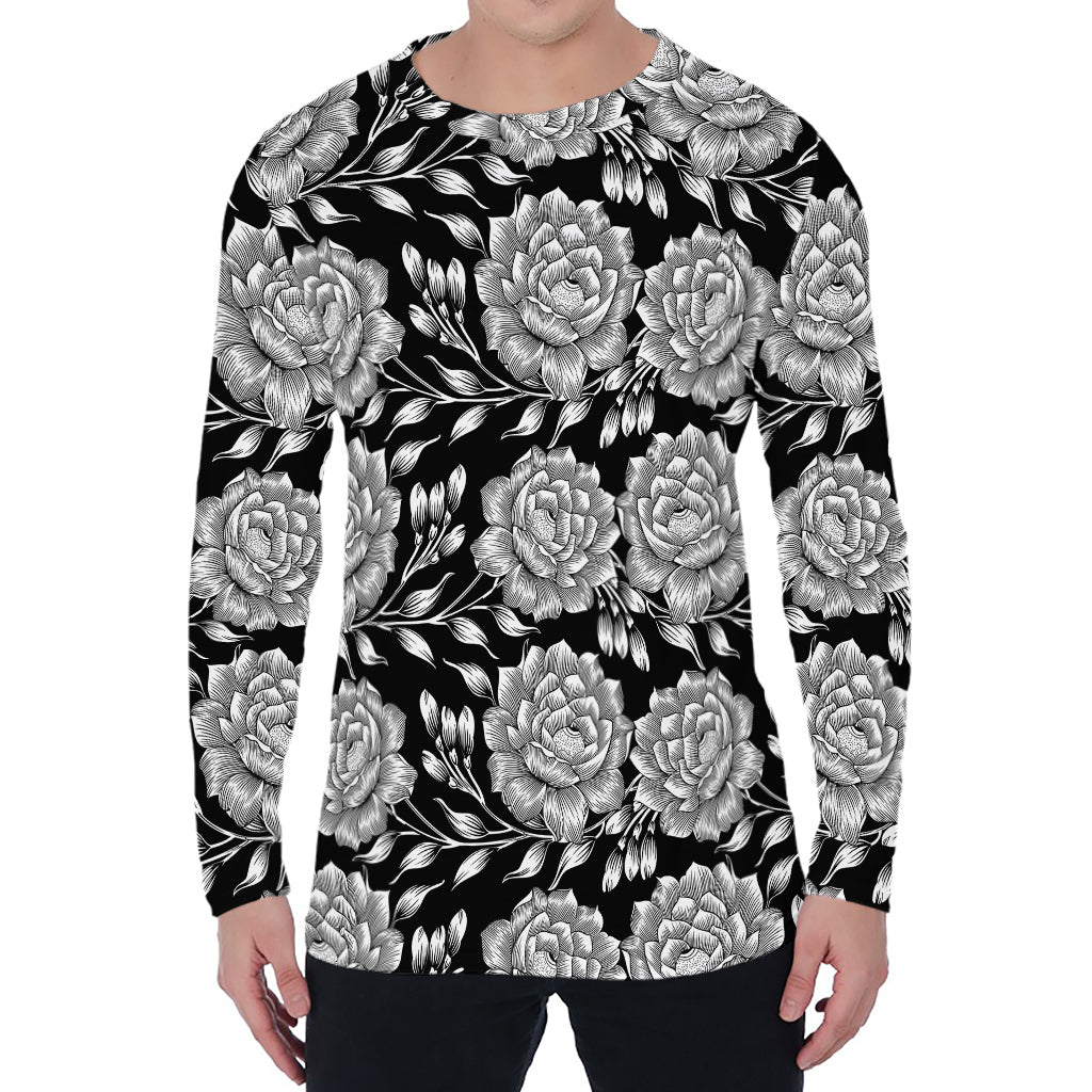Vintage Black And White Floral Print Men's Long Sleeve T-Shirt