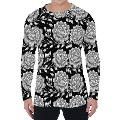 Vintage Black And White Floral Print Men's Long Sleeve T-Shirt