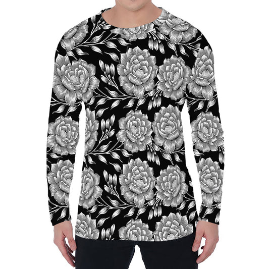 Vintage Black And White Floral Print Men's Long Sleeve T-Shirt