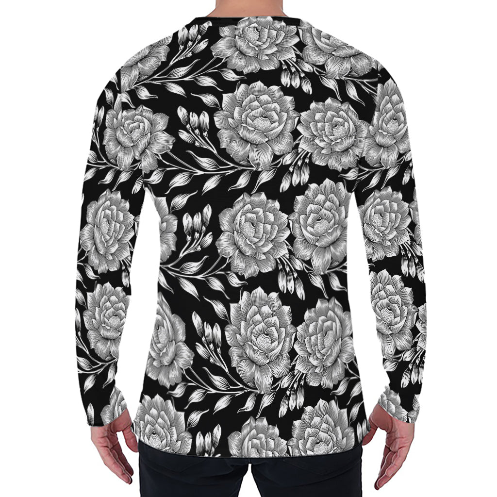 Vintage Black And White Floral Print Men's Long Sleeve T-Shirt
