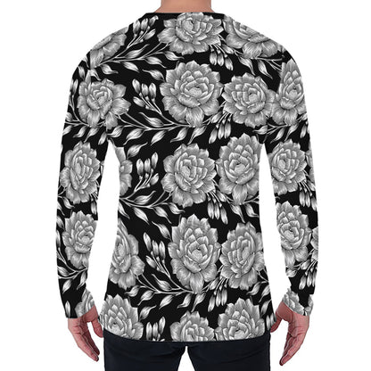 Vintage Black And White Floral Print Men's Long Sleeve T-Shirt