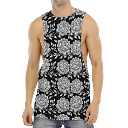 Vintage Black And White Floral Print Men's Muscle Tank Top