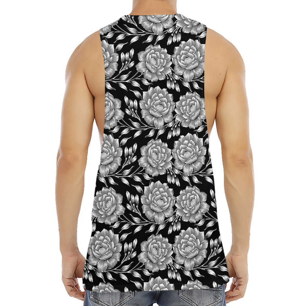 Vintage Black And White Floral Print Men's Muscle Tank Top