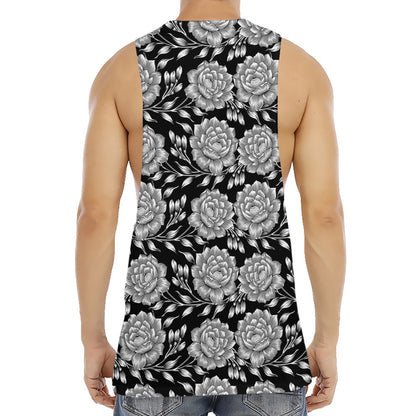Vintage Black And White Floral Print Men's Muscle Tank Top