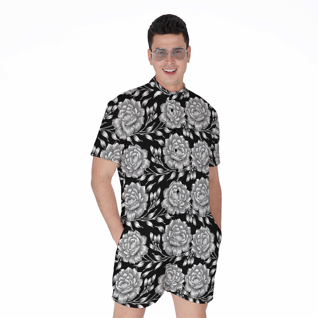 Vintage Black And White Floral Print Men's Rompers