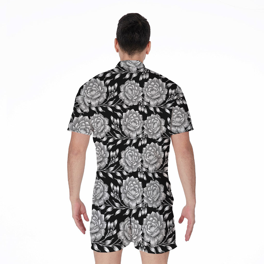 Vintage Black And White Floral Print Men's Rompers