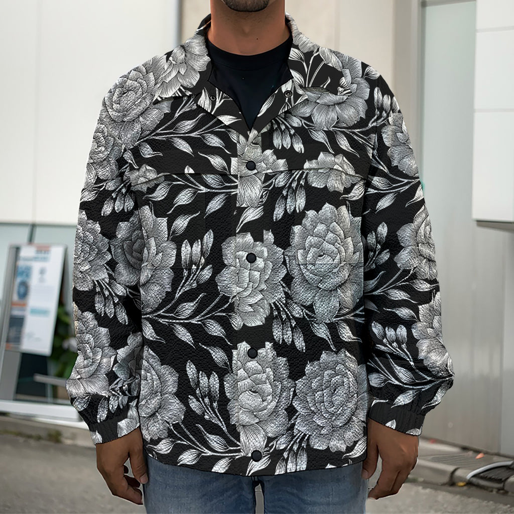 Vintage Black And White Floral Print Men's Shirt Jacket