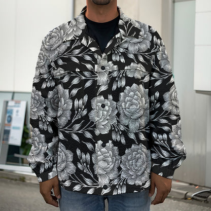 Vintage Black And White Floral Print Men's Shirt Jacket