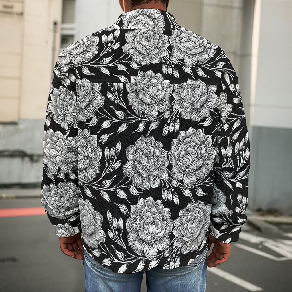 Vintage Black And White Floral Print Men's Shirt Jacket