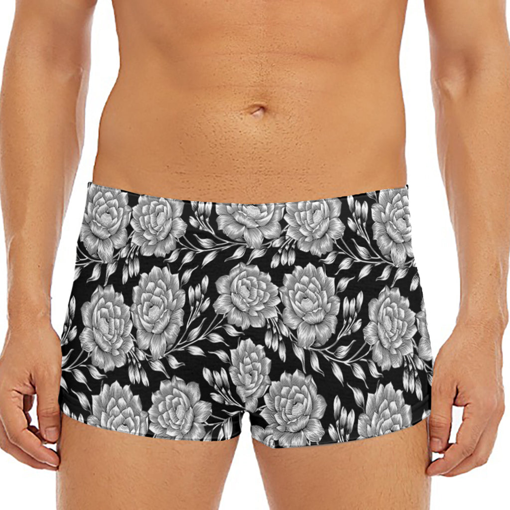 Vintage Black And White Floral Print Men's Short Boxer Briefs