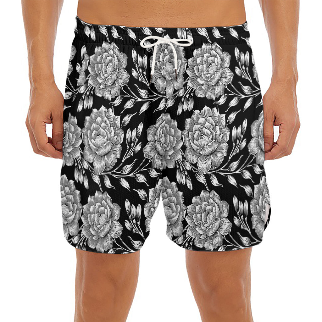 Vintage Black And White Floral Print Men's Split Running Shorts