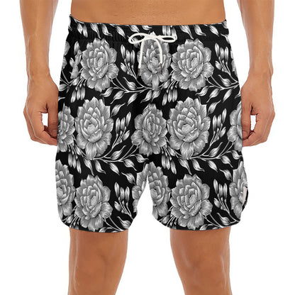 Vintage Black And White Floral Print Men's Split Running Shorts