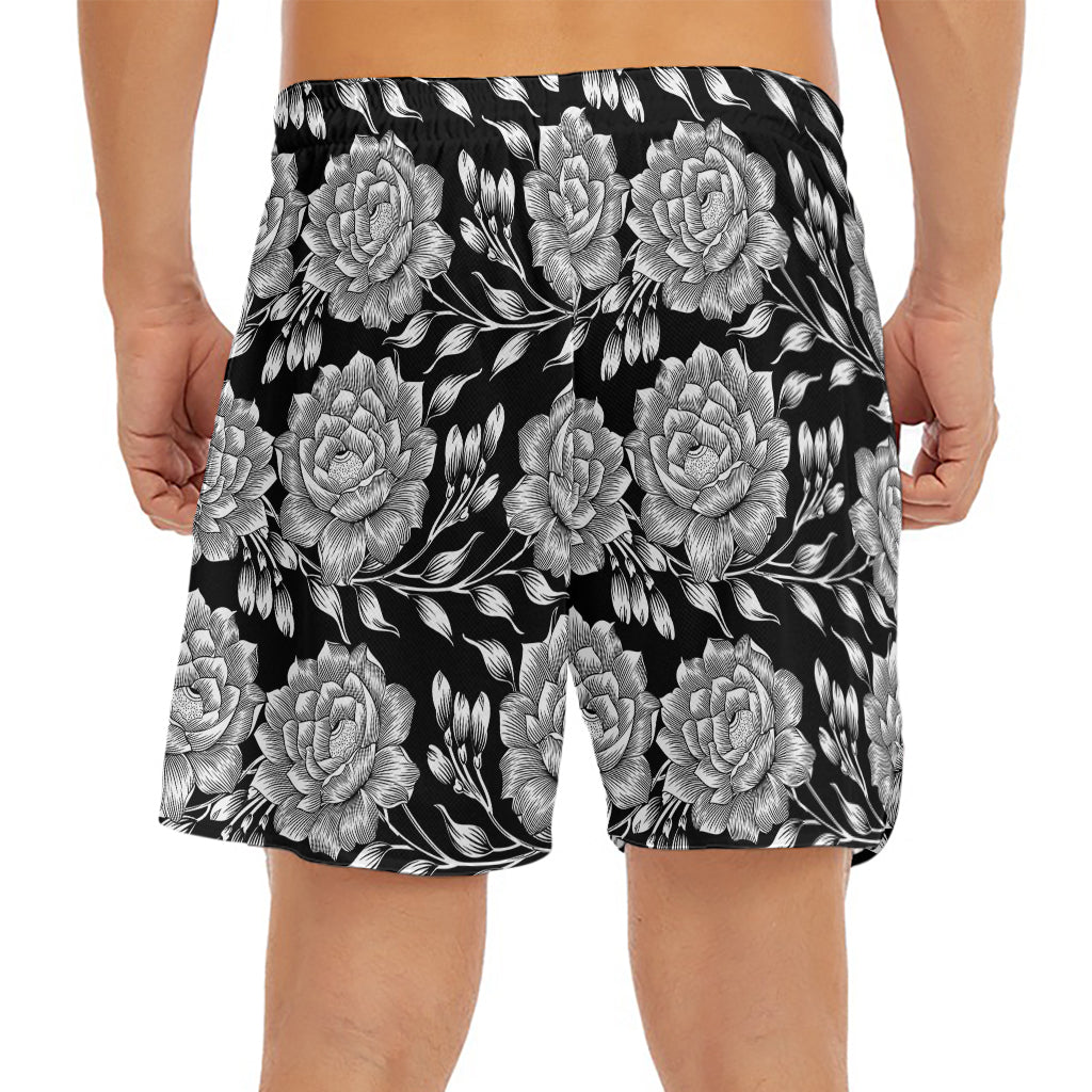 Vintage Black And White Floral Print Men's Split Running Shorts