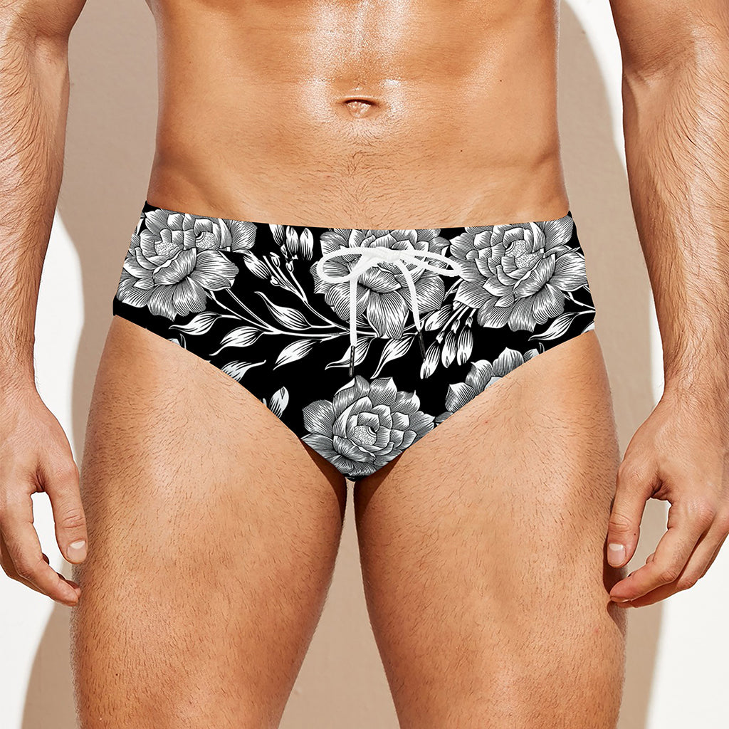 Vintage Black And White Floral Print Men's Swim Briefs