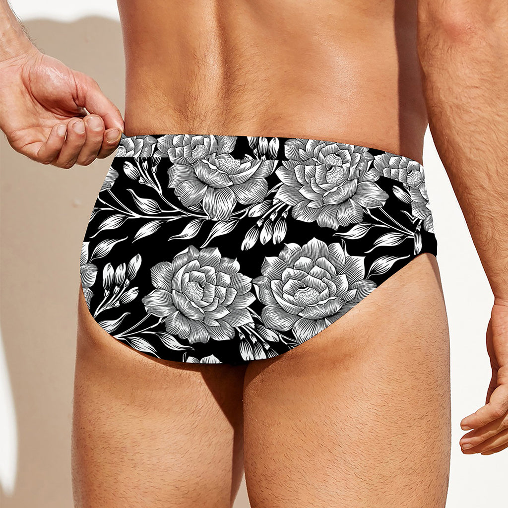 Vintage Black And White Floral Print Men's Swim Briefs