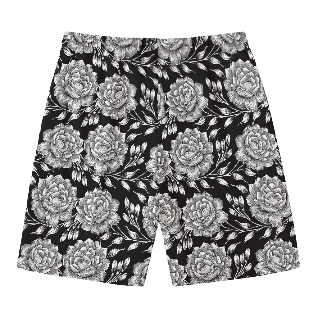 Vintage Black And White Floral Print Men's Swim Trunks