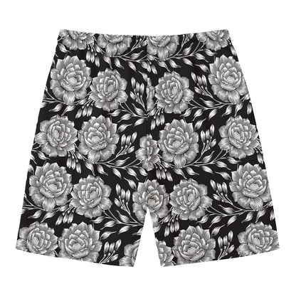 Vintage Black And White Floral Print Men's Swim Trunks
