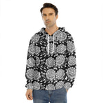 Vintage Black And White Floral Print Men's Velvet Pullover Hoodie
