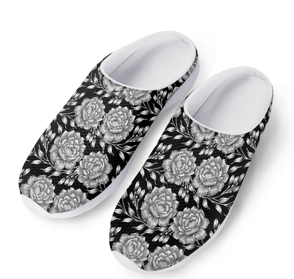 Vintage Black And White Floral Print Mesh Casual Shoes
