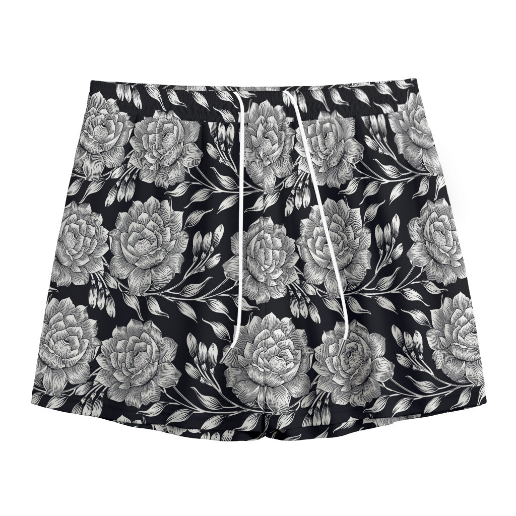 Vintage Black And White Floral Print Mesh Shorts