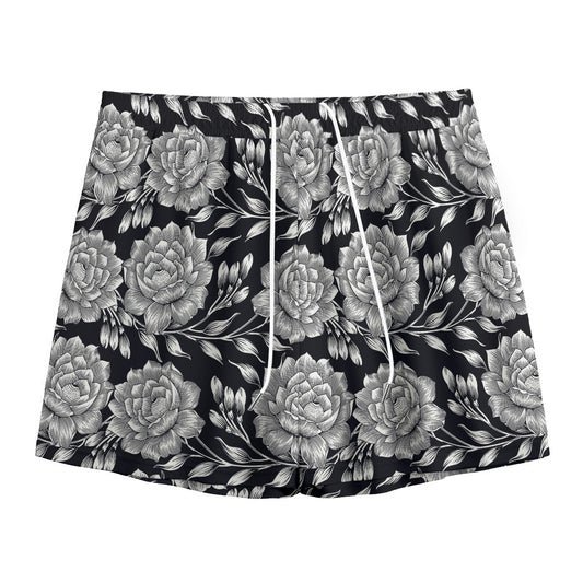 Vintage Black And White Floral Print Mesh Shorts