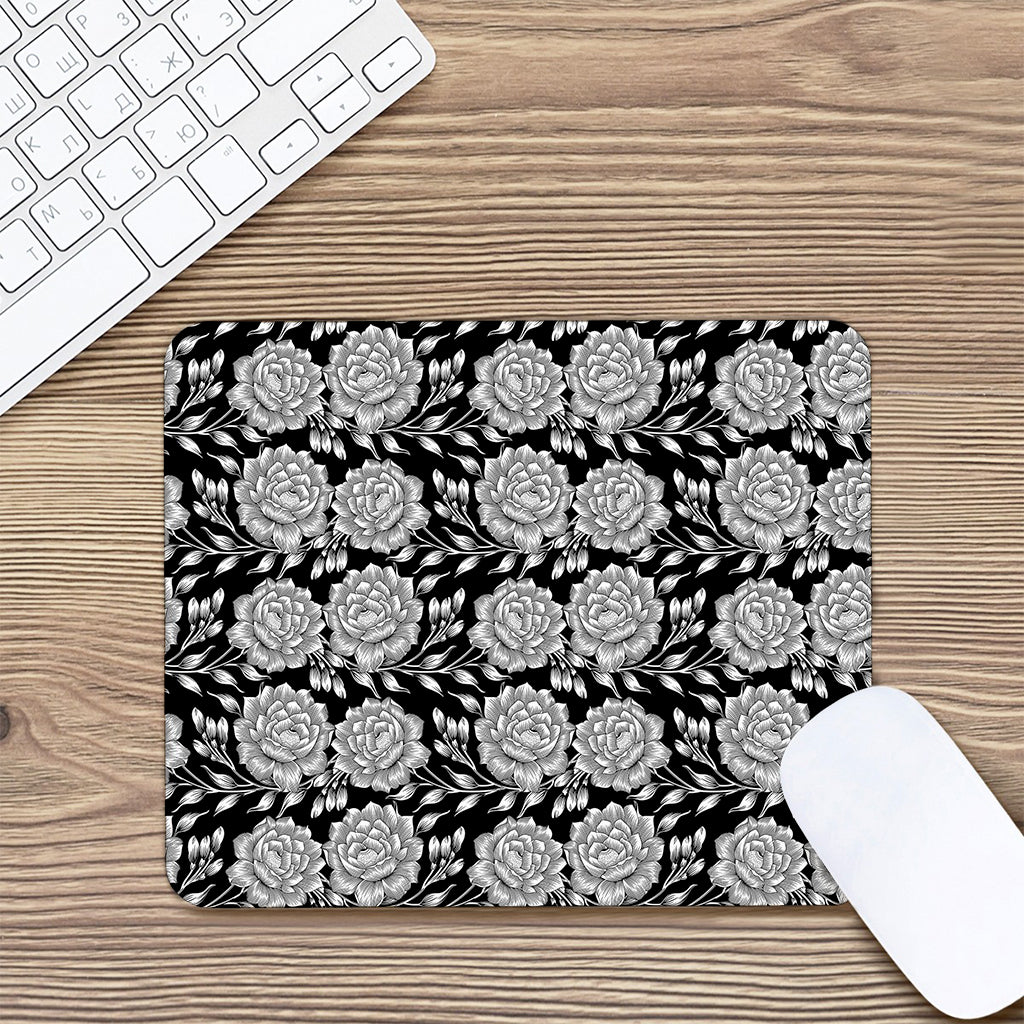 Vintage Black And White Floral Print Mouse Pad