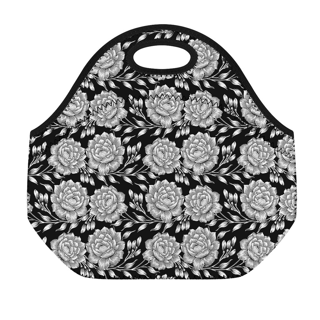 Vintage Black And White Floral Print Neoprene Lunch Bag
