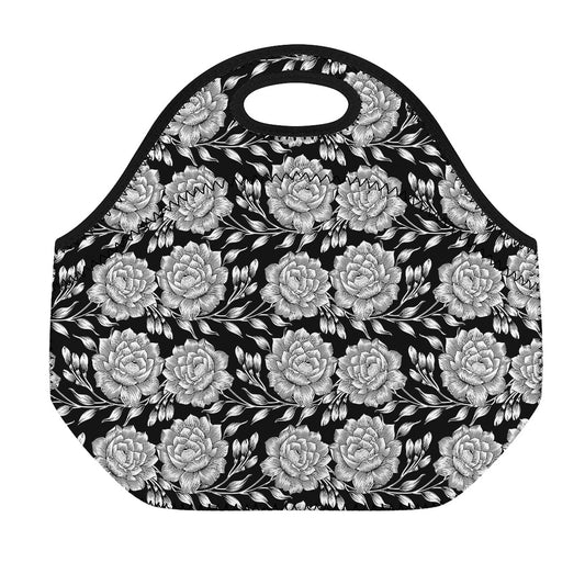 Vintage Black And White Floral Print Neoprene Lunch Bag