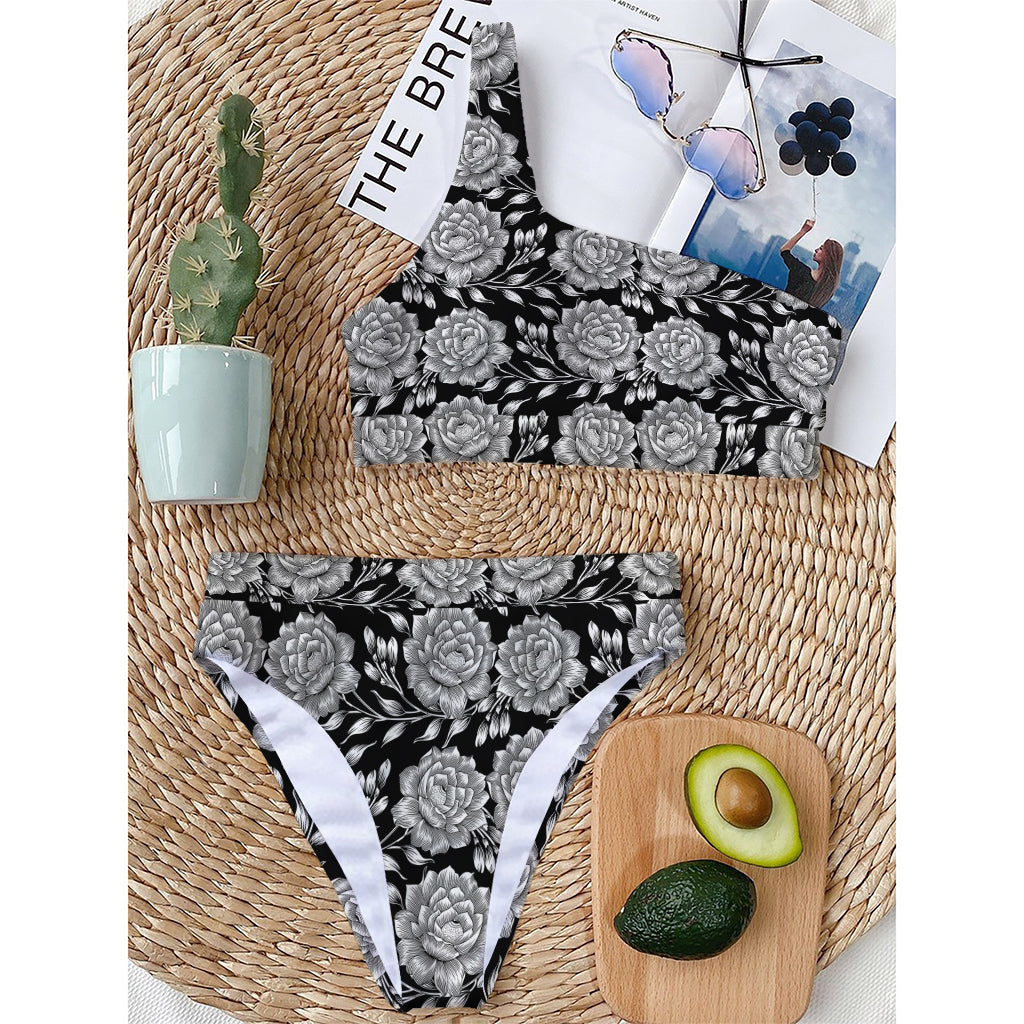 Vintage Black And White Floral Print One Shoulder Bikini Top