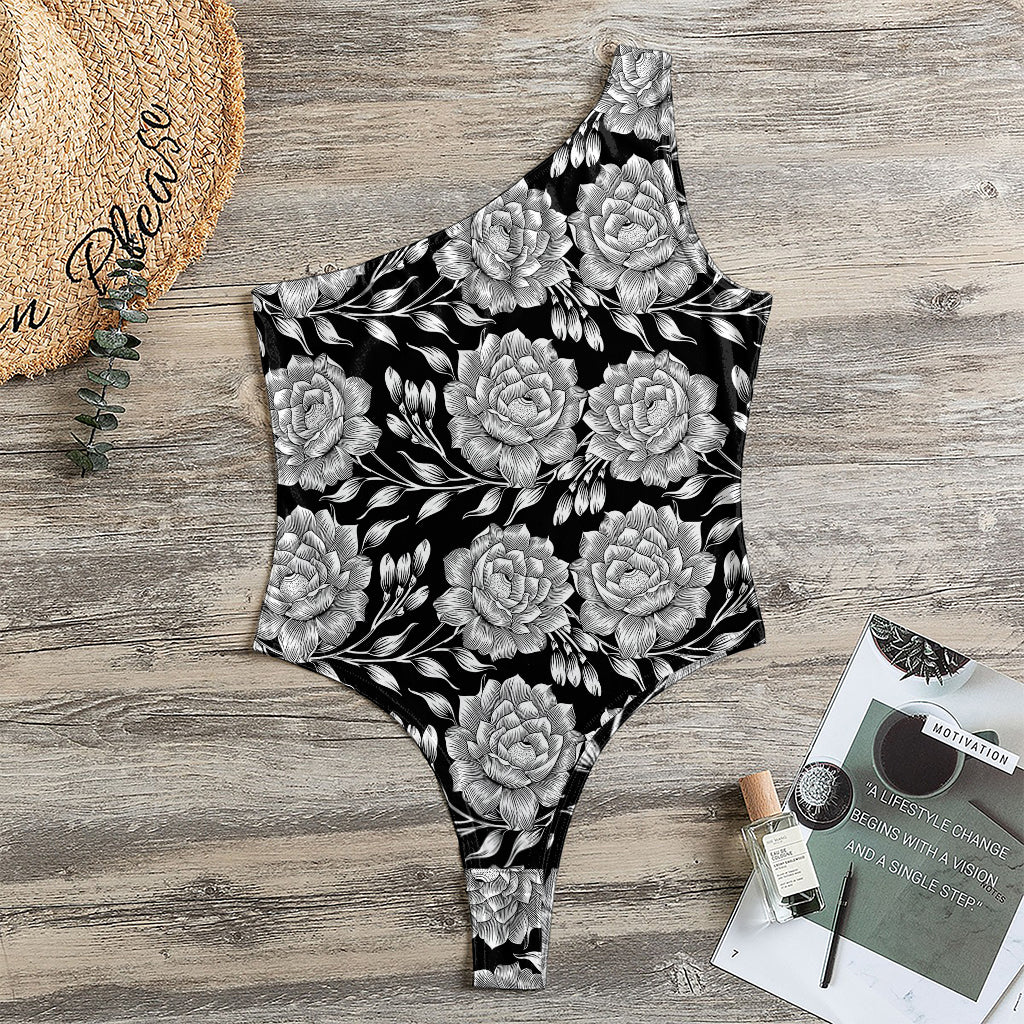 Vintage Black And White Floral Print One Shoulder Bodysuit