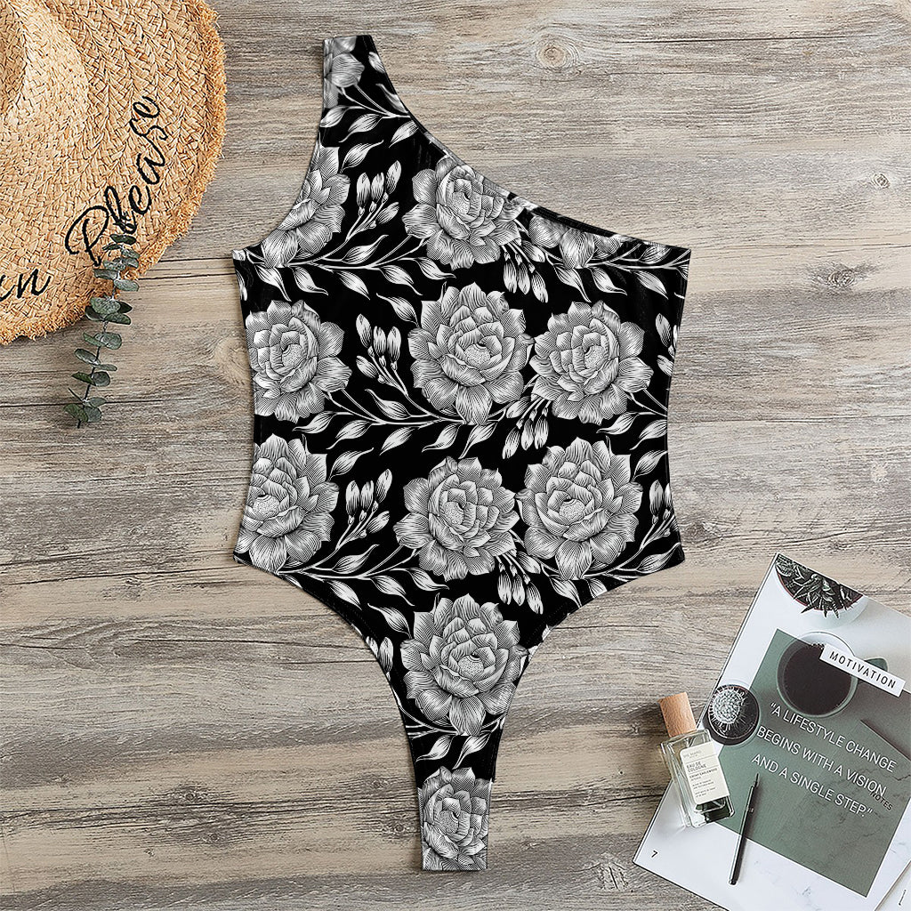 Vintage Black And White Floral Print One Shoulder Bodysuit