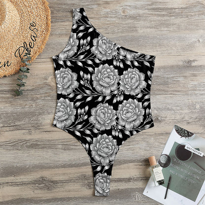 Vintage Black And White Floral Print One Shoulder Bodysuit