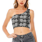 Vintage Black And White Floral Print One Shoulder Crop Top