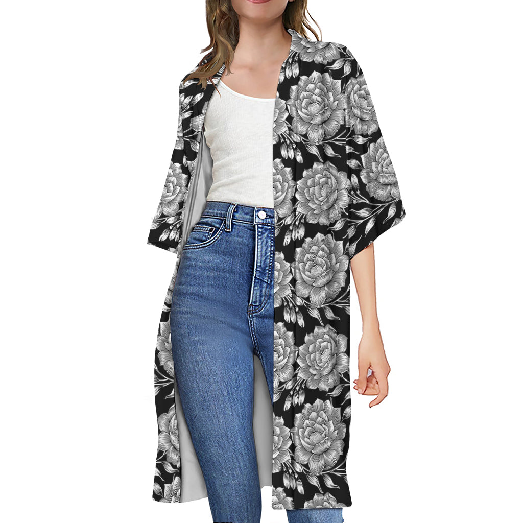 Vintage Black And White Floral Print Open Front Beach Cover Up