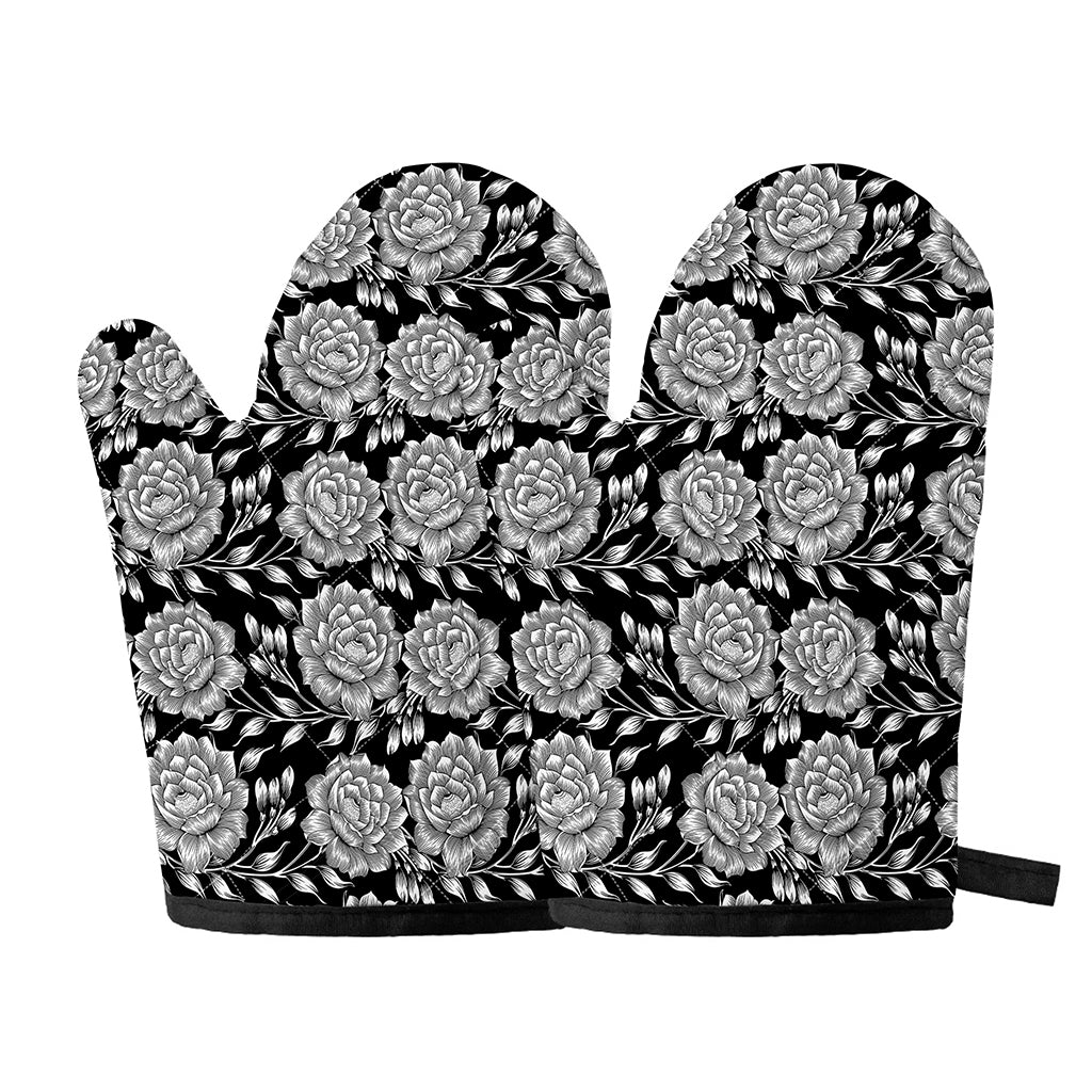 Vintage Black And White Floral Print Oven Mitts