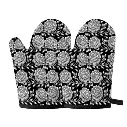Vintage Black And White Floral Print Oven Mitts