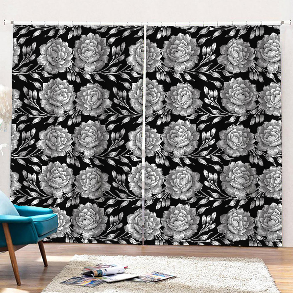 Vintage Black And White Floral Print Pencil Pleat Curtains