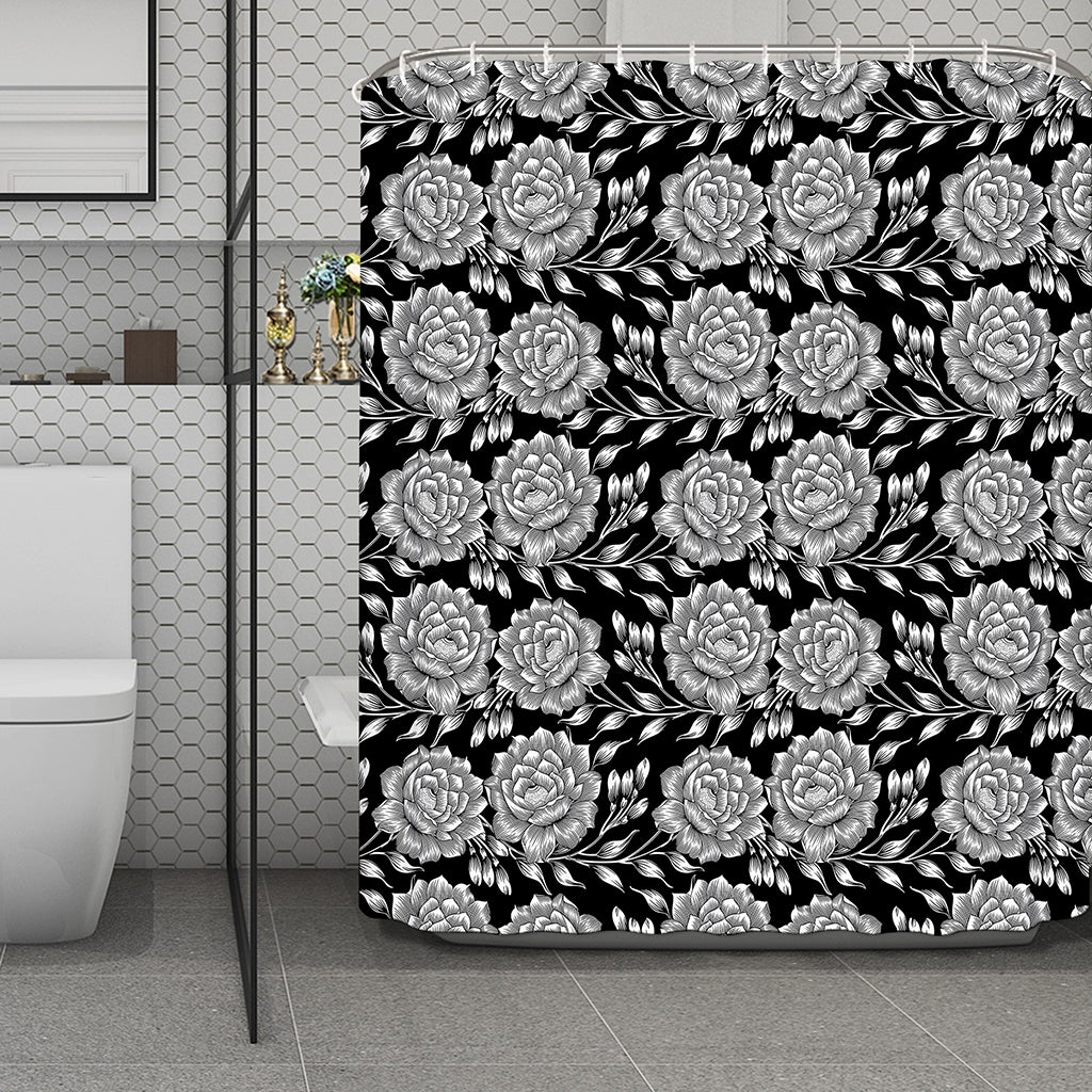 Vintage Black And White Floral Print Polyester Shower Curtain