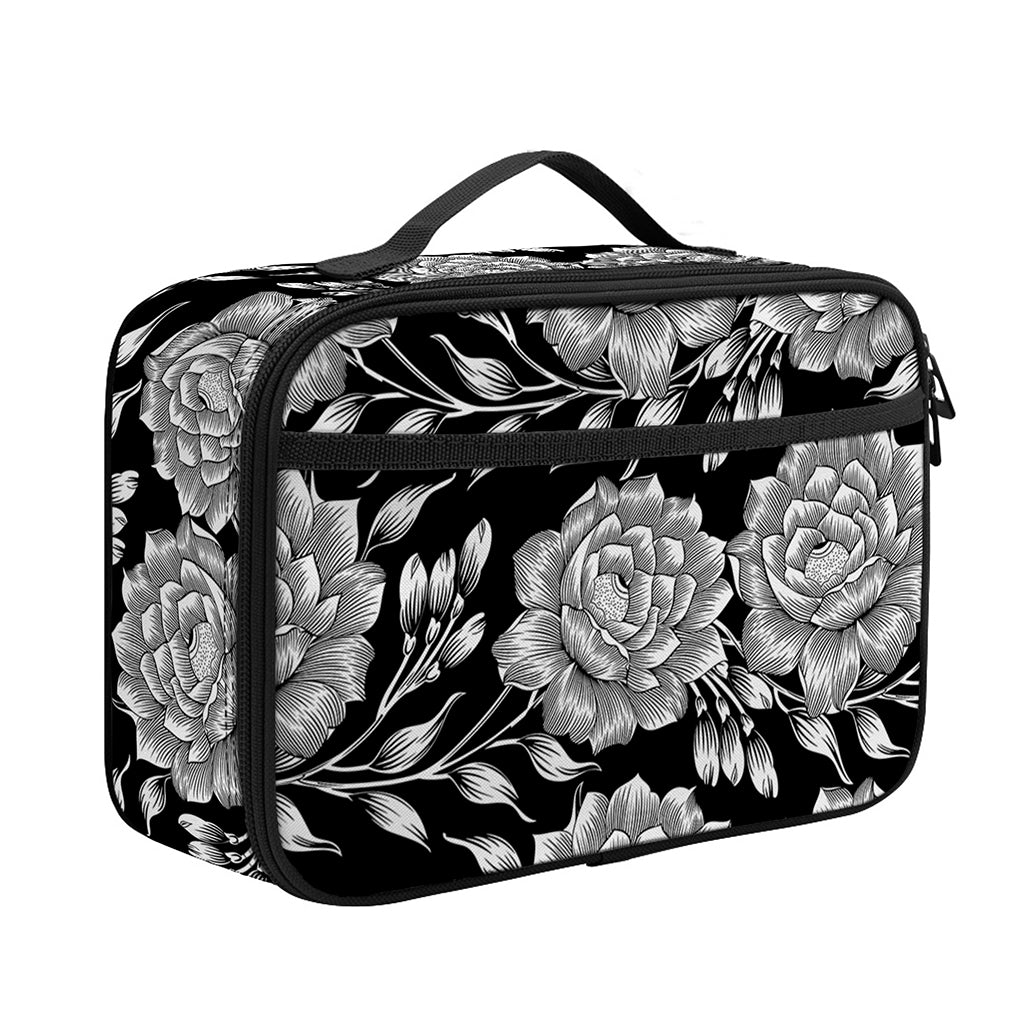 Vintage Black And White Floral Print Portable Lunch Bag