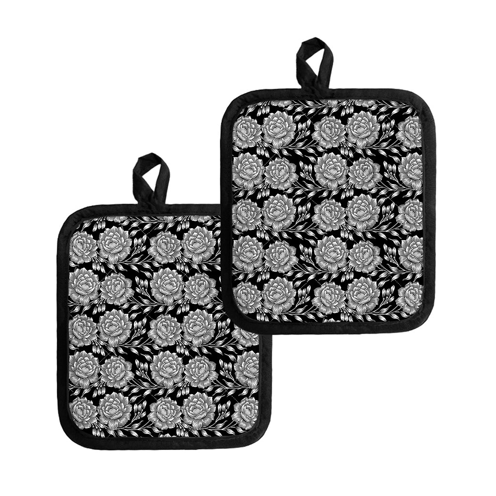 Vintage Black And White Floral Print Pot Holders