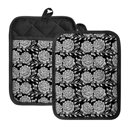 Vintage Black And White Floral Print Pot Holders With Pocket