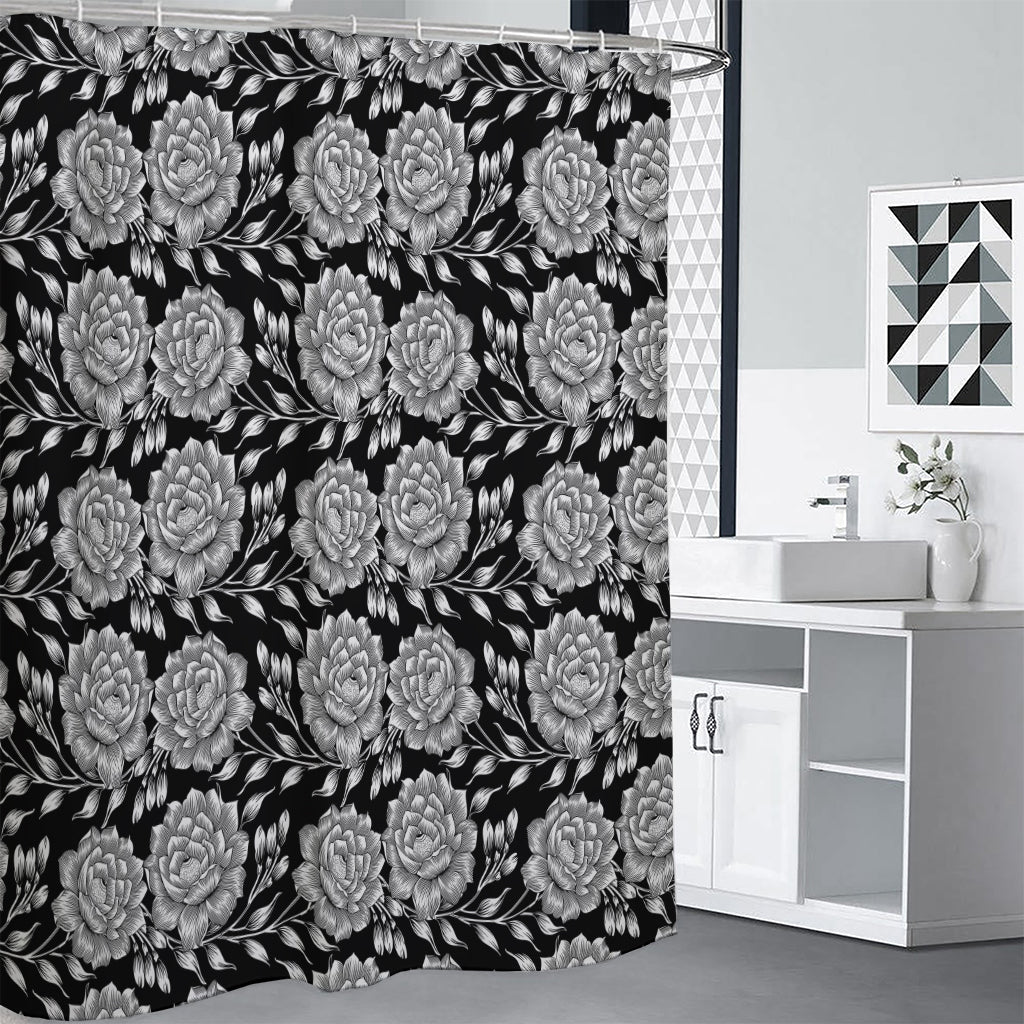 Vintage Black And White Floral Print Premium Shower Curtain