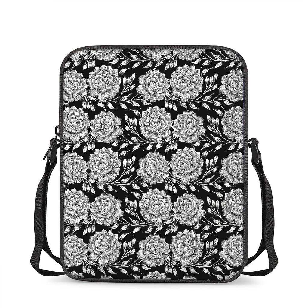 Vintage Black And White Floral Print Rectangular Crossbody Bag