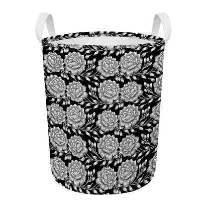 Vintage Black And White Floral Print Round Laundry Basket