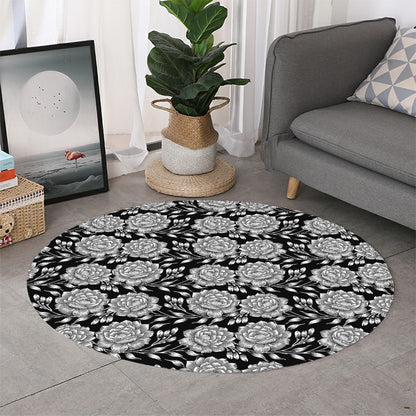 Vintage Black And White Floral Print Round Rug