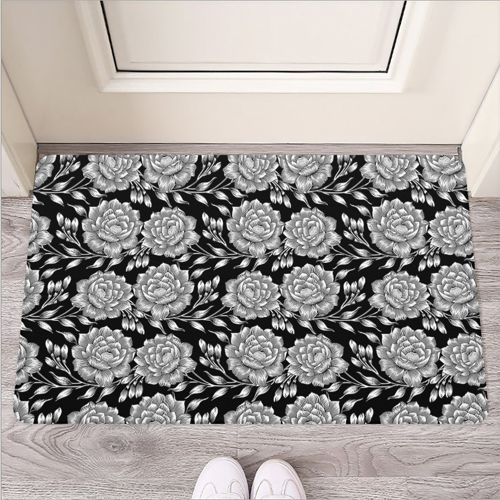 Vintage Black And White Floral Print Rubber Doormat